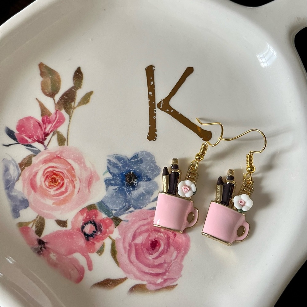 Pink Cup and Pens Earrings